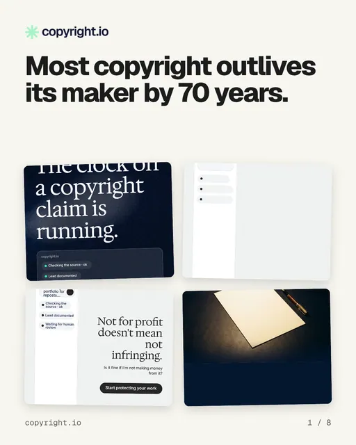 Carousel for copyright.io: "Most copyright outlives its maker by 70 years.". Collection carousel, 8 slides, light palette.
