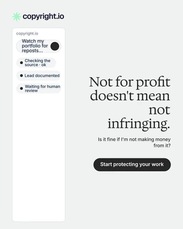 Instagram portrait post for copyright.io: "Not for profit doesn't mean not infringing." Data card style, right layout, light palette in white.