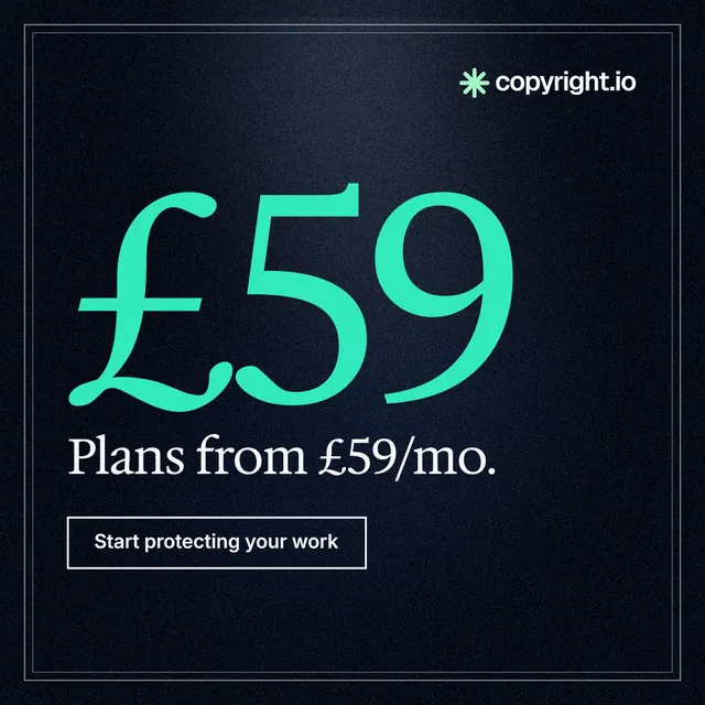 Instagram post for copyright.io: "Your content is being stolen. Put an agent on it." Dark deco style, stat layout, dark palette in black, teal.