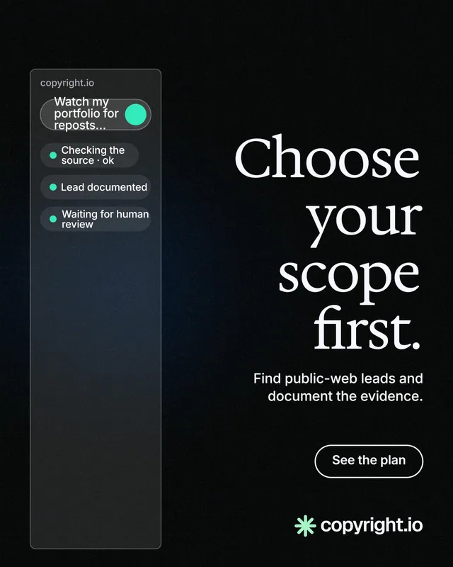 Instagram portrait post for copyright.io: "Choose your scope first." Phosphor atlas style, right layout, dark palette in black, grey.
