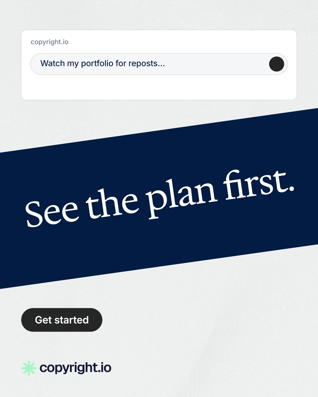 Instagram portrait post for copyright.io: "See the plan first." Data card style, diagonal layout, light palette in white, blue, grey.