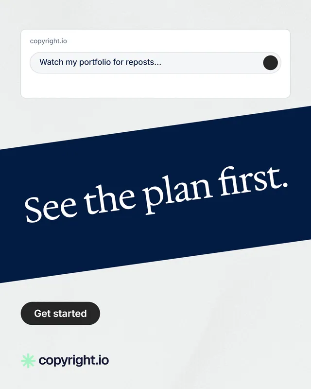 Instagram portrait post for copyright.io: "See the plan first." Data card style, diagonal layout, light palette in white, blue, grey.
