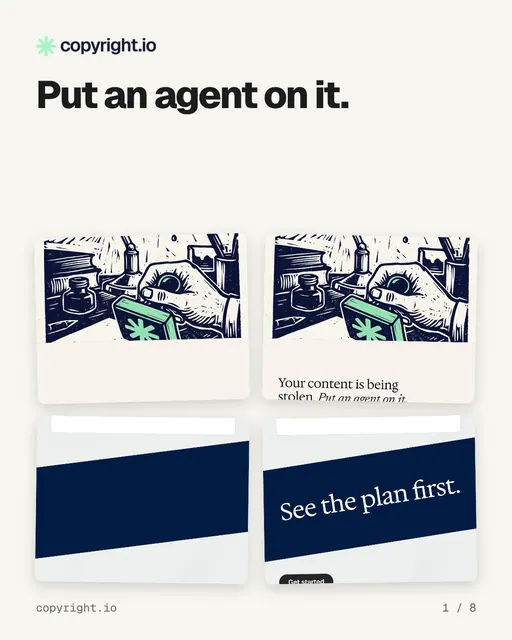 Carousel for copyright.io: "Put an agent on it.". Collection carousel, 8 slides, light palette.
