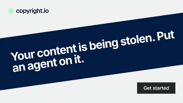 Landscape graphic for copyright.io: "Your content is being stolen. Put an agent on it." Swiss style, diagonal layout, light palette in white, blue.