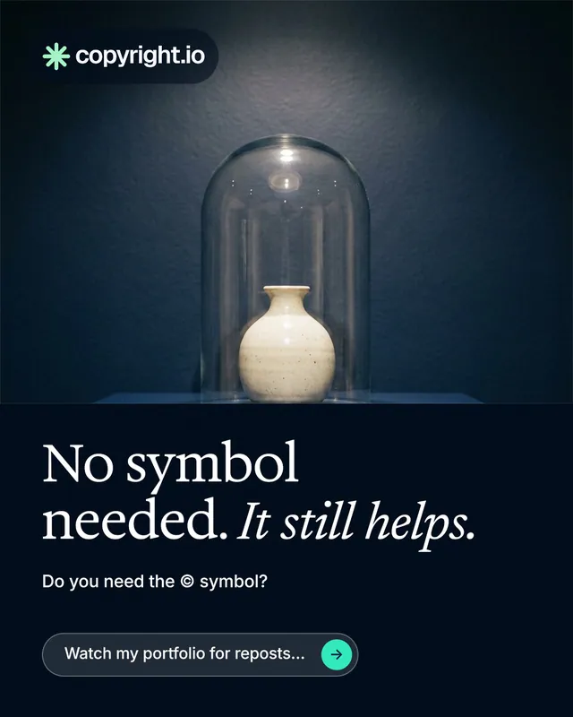 Instagram portrait post for copyright.io: "No symbol needed. It still helps." Agentic glass style, bottom layout, dark palette in blue, black, grey.