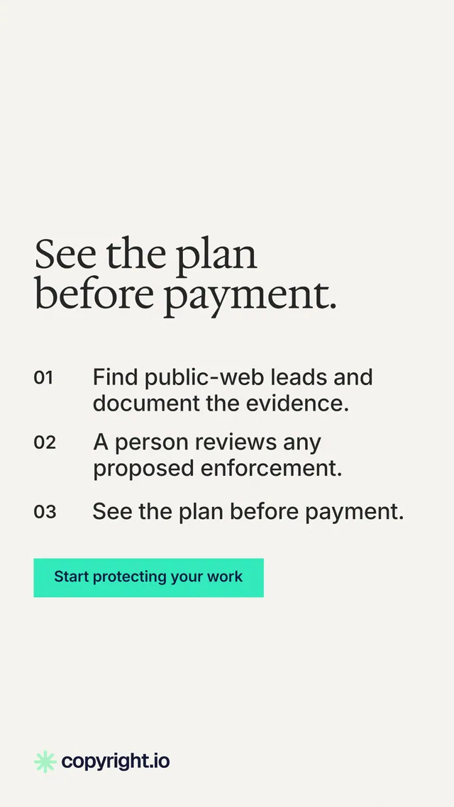 Instagram story for copyright.io: "See the plan before payment." Swiss style, numbered layout, light palette in white, grey.