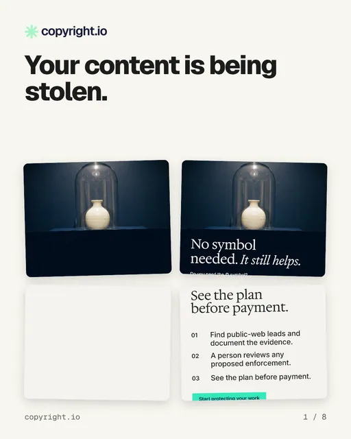 Carousel for copyright.io: "Your content is being stolen.". Collection carousel, 8 slides, light palette.