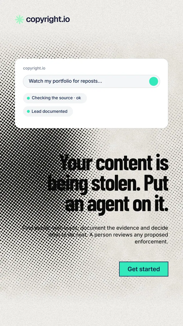 Instagram story for copyright.io: "Your content is being stolen. Put an agent on it." Ink sticker style, right layout, light palette in white, grey.
