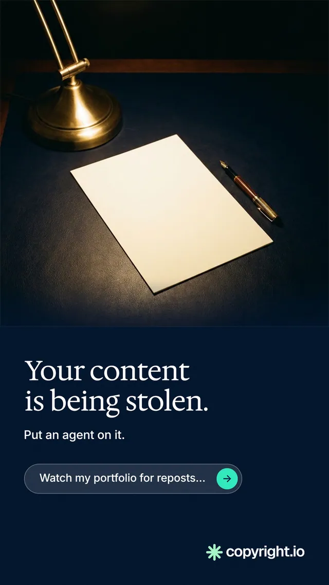 Instagram story for copyright.io: "Your content is being stolen." Agentic glass style, bottom layout, dark palette in black, grey.