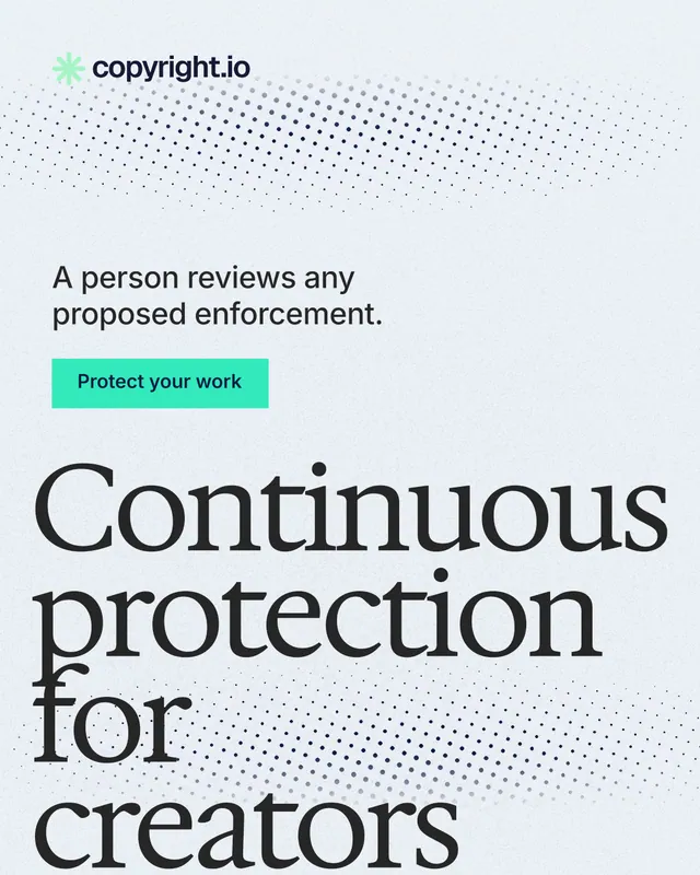 Instagram portrait post for copyright.io: "Continuous protection for creators." Swiss style, oversized layout, light palette in white, blue, grey.
