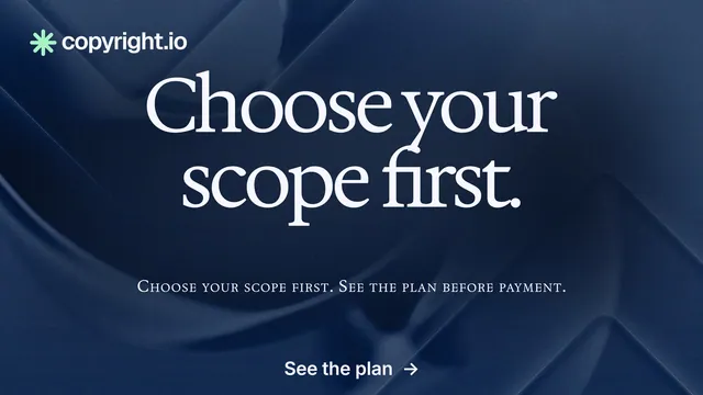 Landscape graphic for copyright.io: "Choose your scope first." Swiss style, smallcaps layout, dark palette in blue.