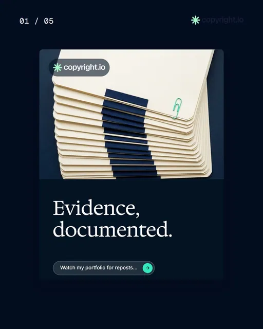 Video for copyright.io. Ad flipbook, 7.5 s, dark palette.