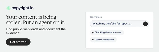 X header for copyright.io: "Your content is being stolen. Put an agent on it." Data card style, bottom layout, light palette in white.