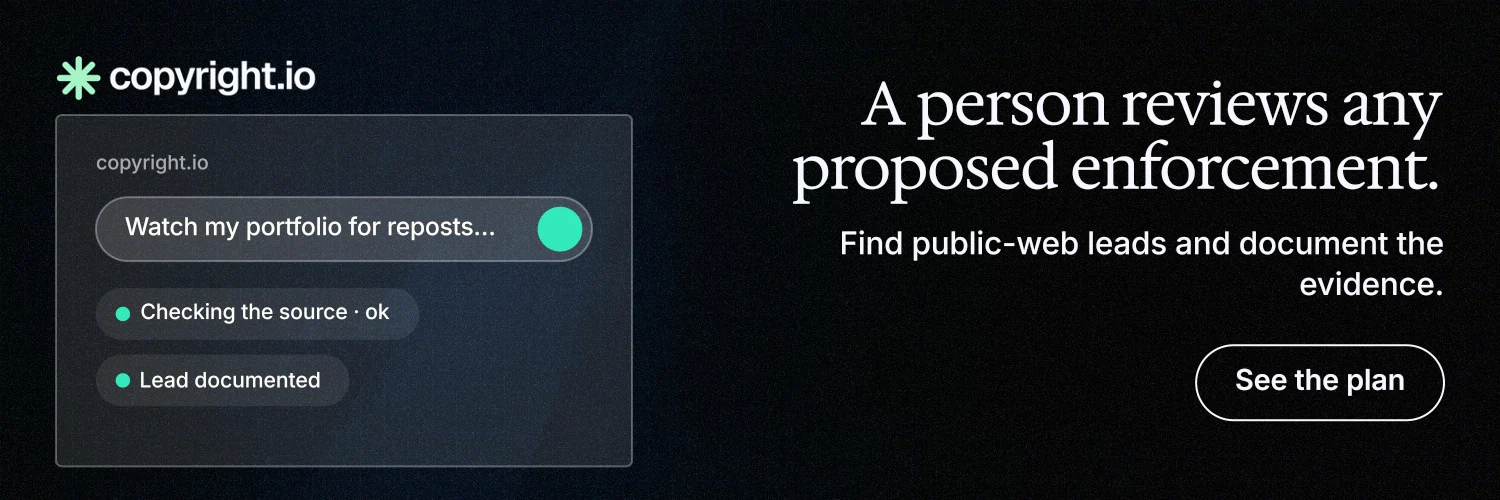 X header for copyright.io: "A person reviews any proposed enforcement." Phosphor atlas style, right layout, dark palette in black, grey.