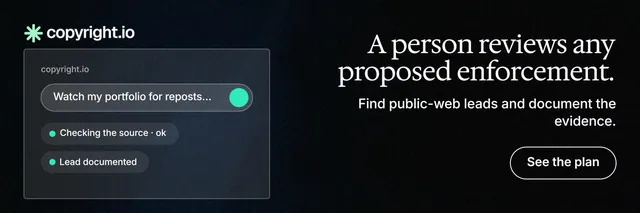X header for copyright.io: "A person reviews any proposed enforcement." Phosphor atlas style, right layout, dark palette in black, grey.