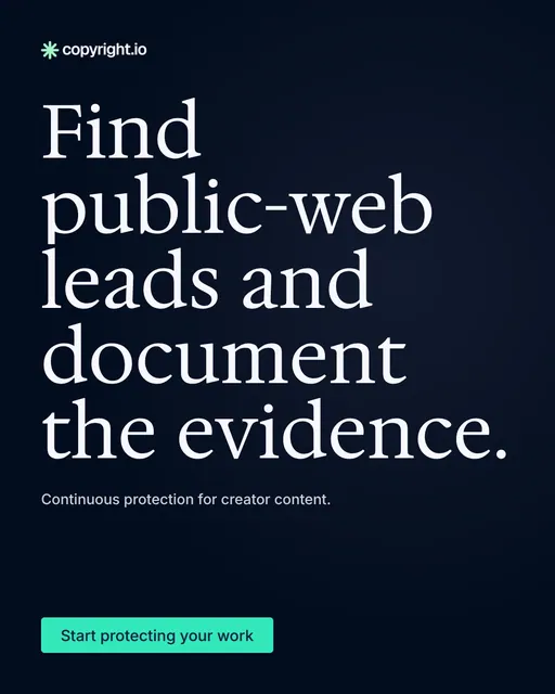 Video for copyright.io: "Find public-web leads and document the evidence.". Doc motion loop, 8.0 s, dark palette.