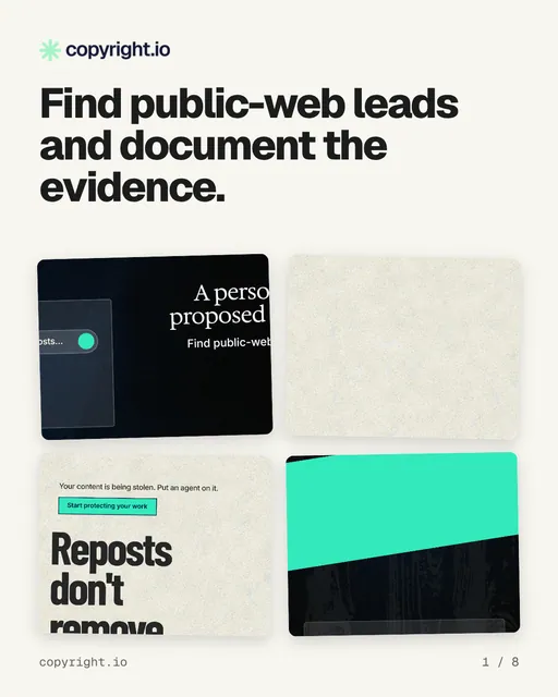 Carousel for copyright.io: "Find public-web leads and document the evidence.". Collection carousel, 8 slides, light palette.