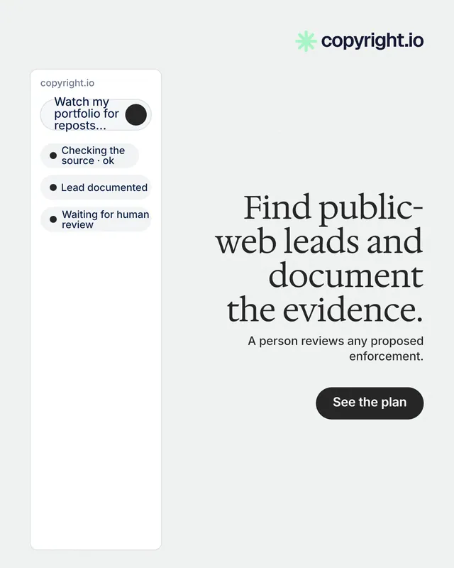 Instagram portrait post for copyright.io: "Find public-web leads and document the evidence." Data card style, right layout, light palette in white.