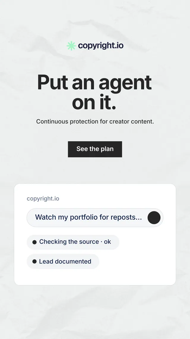 Instagram story for copyright.io: "Put an agent on it." Swiss style, centred layout, light palette in white, grey.