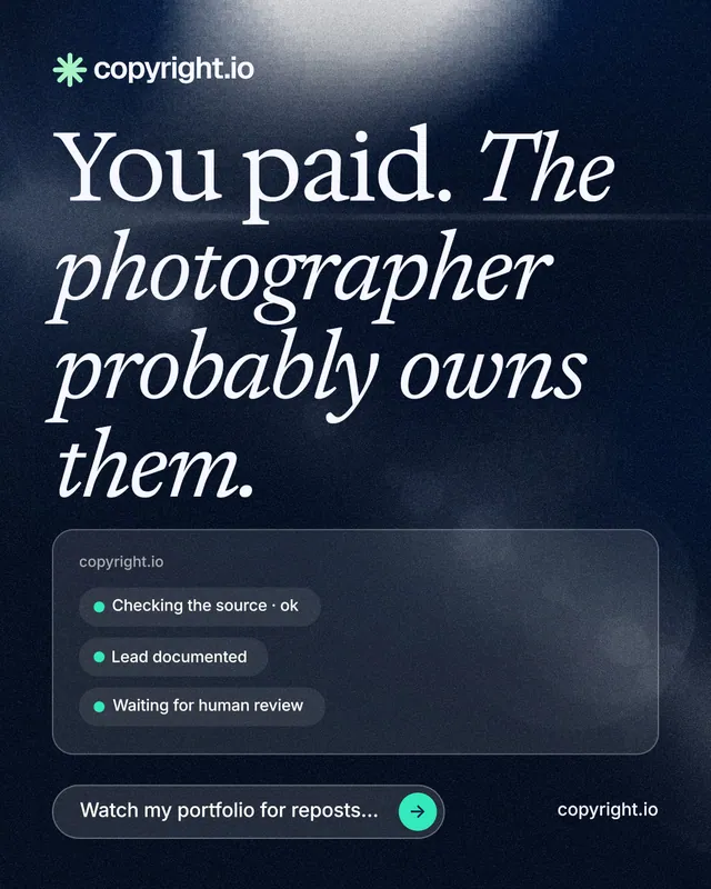 Instagram portrait post for copyright.io: "You paid. The photographer probably owns them." Thermal style, poster layout, dark palette in black, blue, grey.