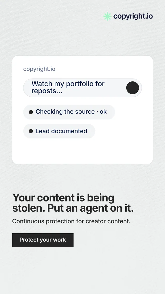Instagram story for copyright.io: "Your content is being stolen. Put an agent on it." Swiss style, bottom layout, light palette in white, grey.