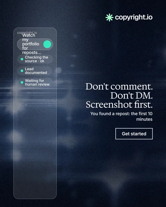 Instagram portrait post for copyright.io: "Don't comment. Don't DM. Screenshot first." Dark deco style, right layout, dark palette in blue, grey, black.
