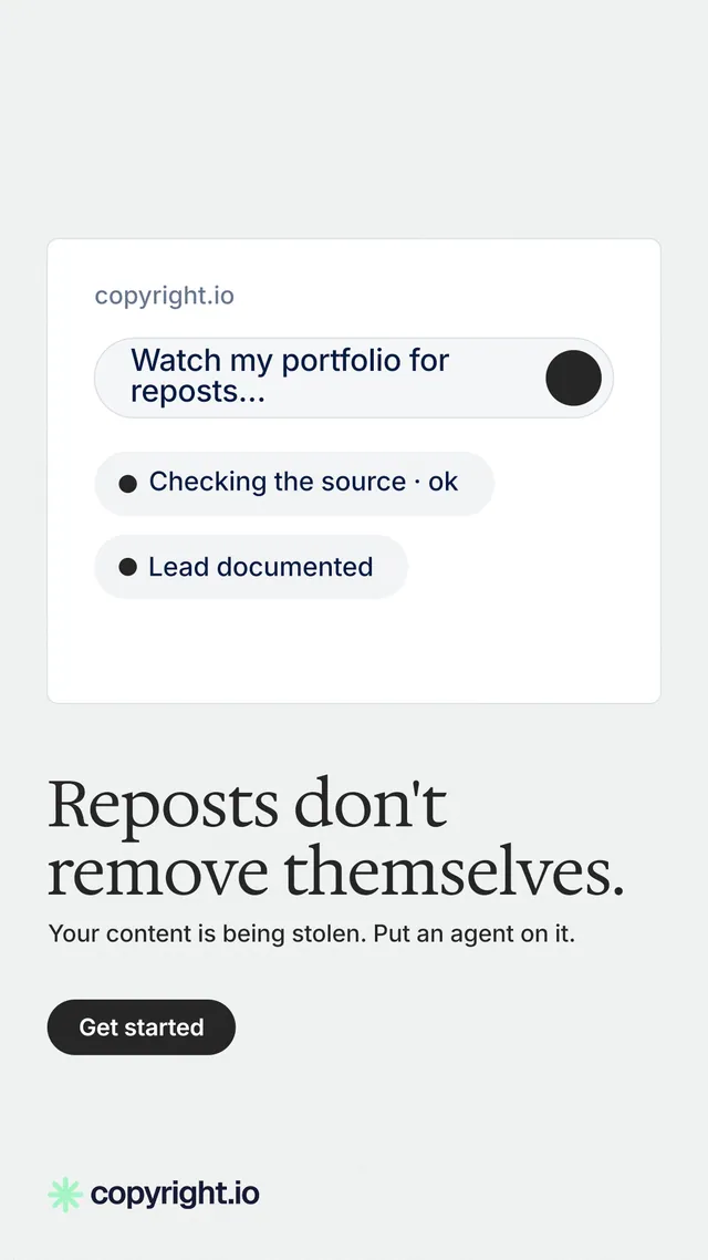 Instagram story for copyright.io: "Reposts don't remove themselves." Data card style, bottom layout, light palette in white.
