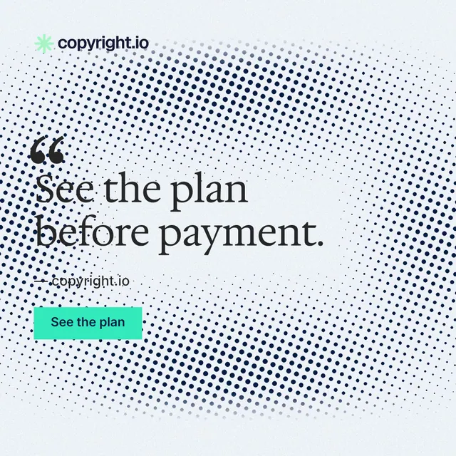 Instagram post for copyright.io: "See the plan before payment." Swiss style, quote layout, light palette in blue, grey, white.