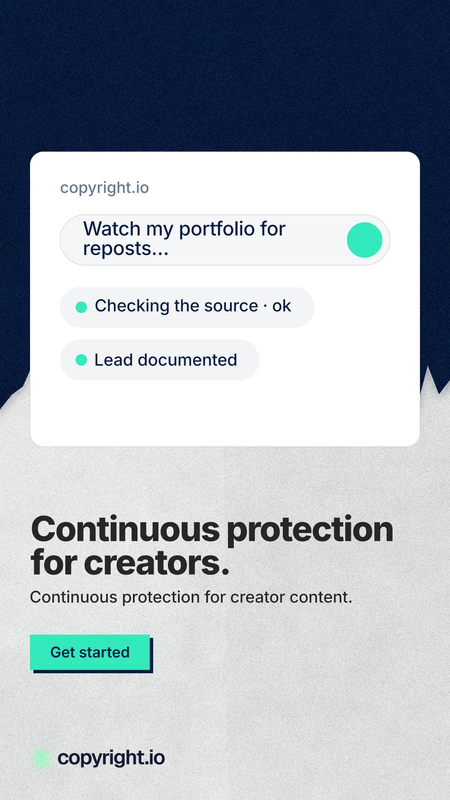 Instagram story for copyright.io: "Continuous protection for creators." Paper trio style, bottom layout, light palette in white, blue, grey.
