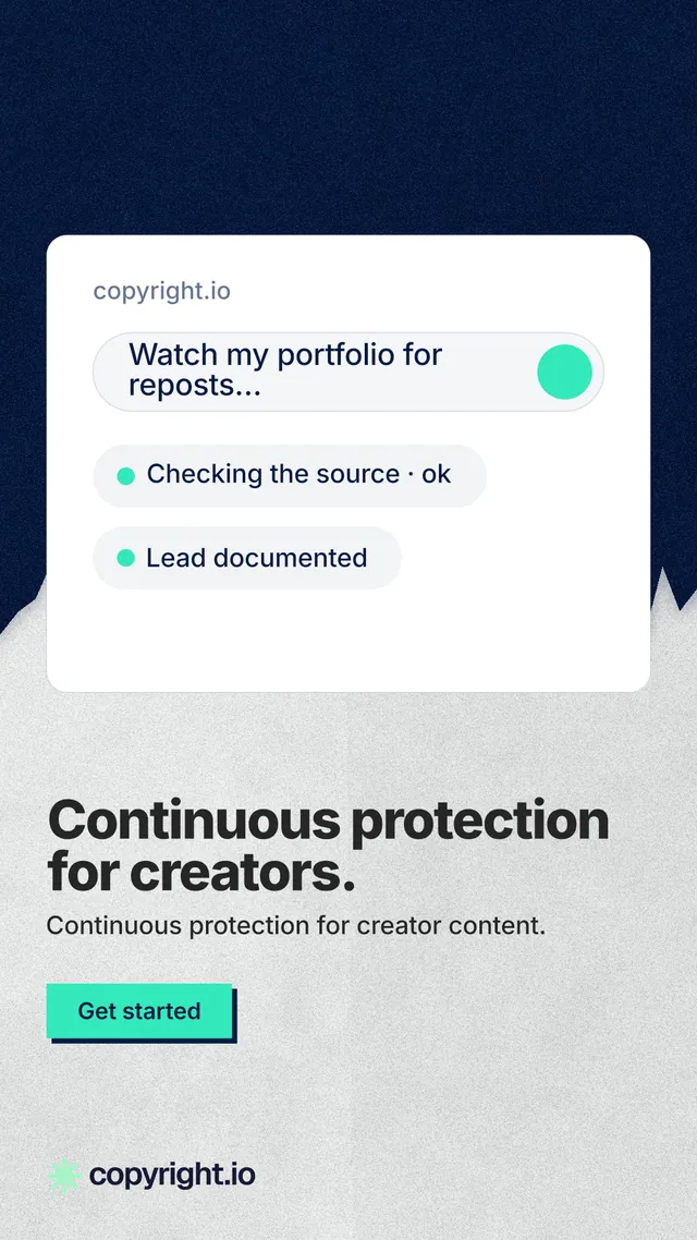Instagram story for copyright.io: "Continuous protection for creators." Paper trio style, bottom layout, light palette in white, blue, grey.