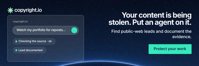 X header for copyright.io: "Your content is being stolen. Put an agent on it." Swiss style, right layout, dark palette in blue, black.