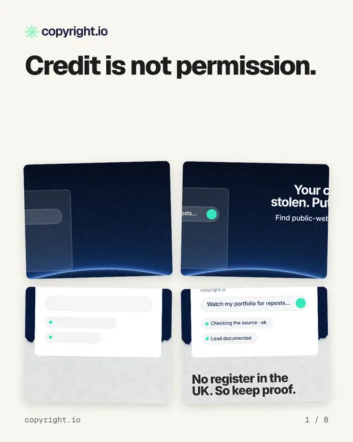 Carousel for copyright.io: "Credit is not permission.". Collection carousel, 8 slides, light palette.