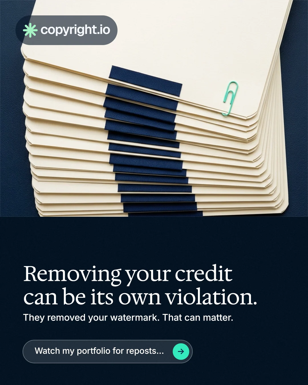 Instagram portrait post for copyright.io: "Removing your credit can be its own violation." Agentic glass style, bottom layout, dark palette in yellow, black, blue.