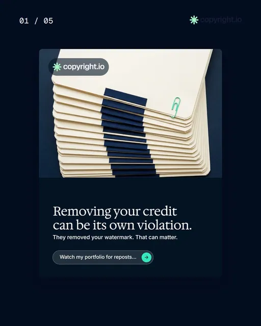 Video for copyright.io. Ad flipbook, 7.5 s, dark palette.