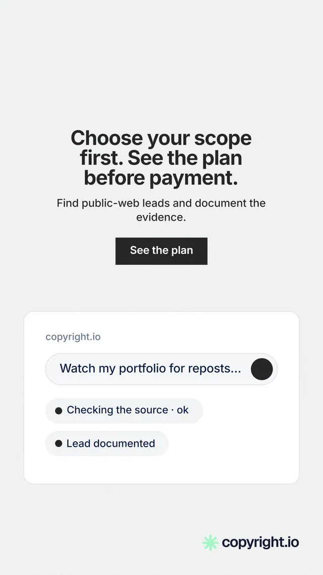 Instagram story for copyright.io: "Choose your scope first. See the plan before payment." Swiss style, centred layout, light palette in white.