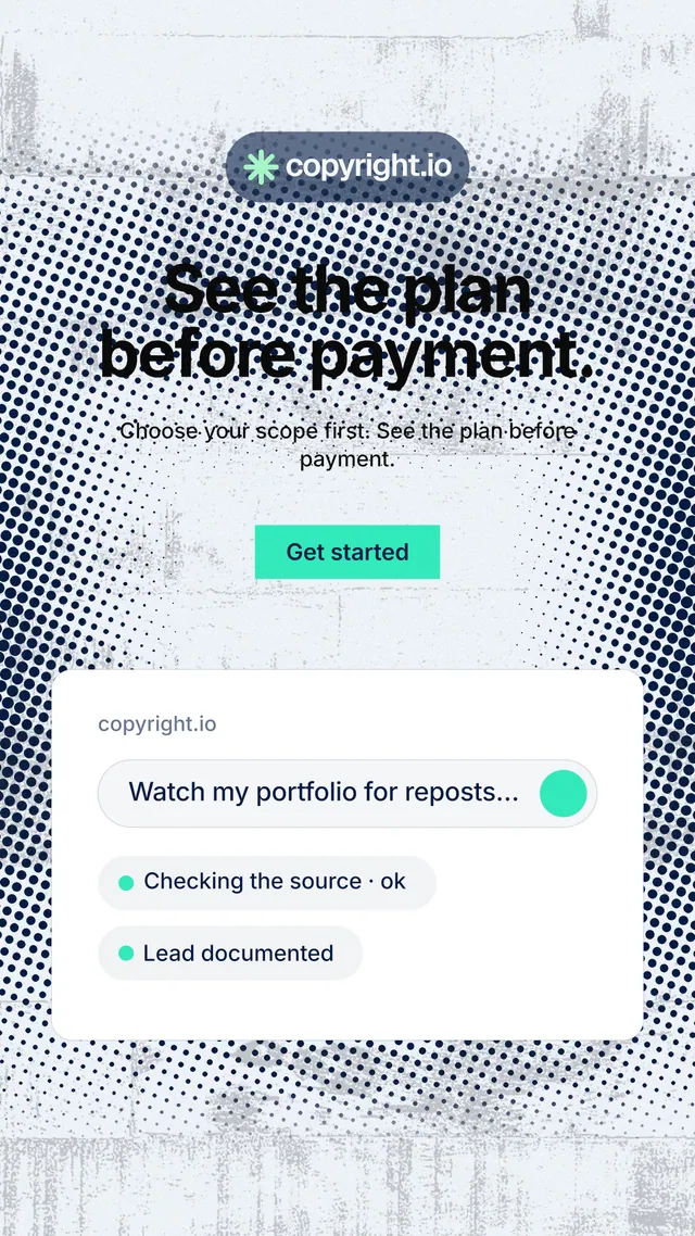 Instagram story for copyright.io: "See the plan before payment." Swiss style, centred layout, light palette in white, grey, teal.