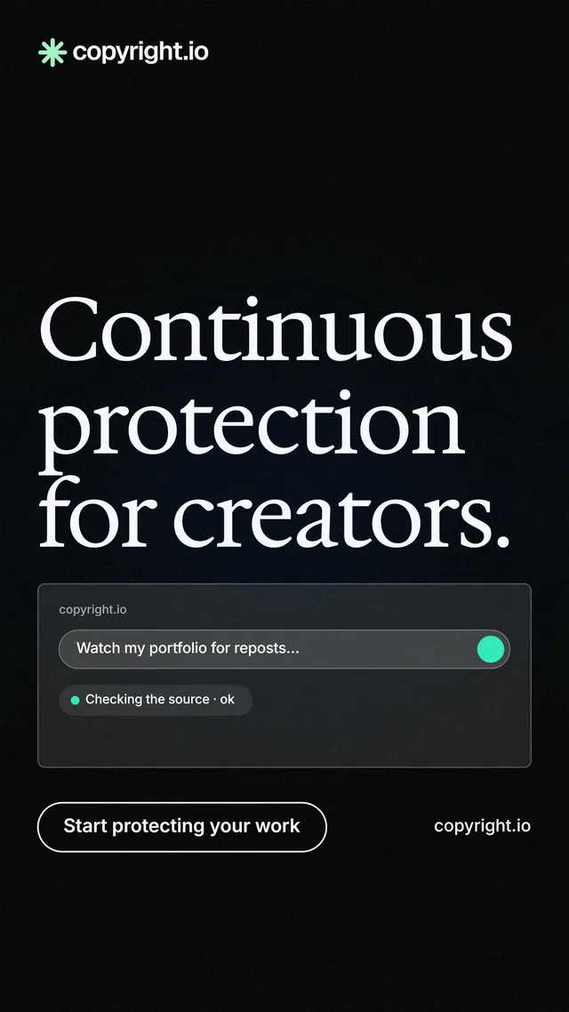 Instagram story for copyright.io: "Continuous protection for creators." Phosphor atlas style, poster layout, dark palette in black, grey.