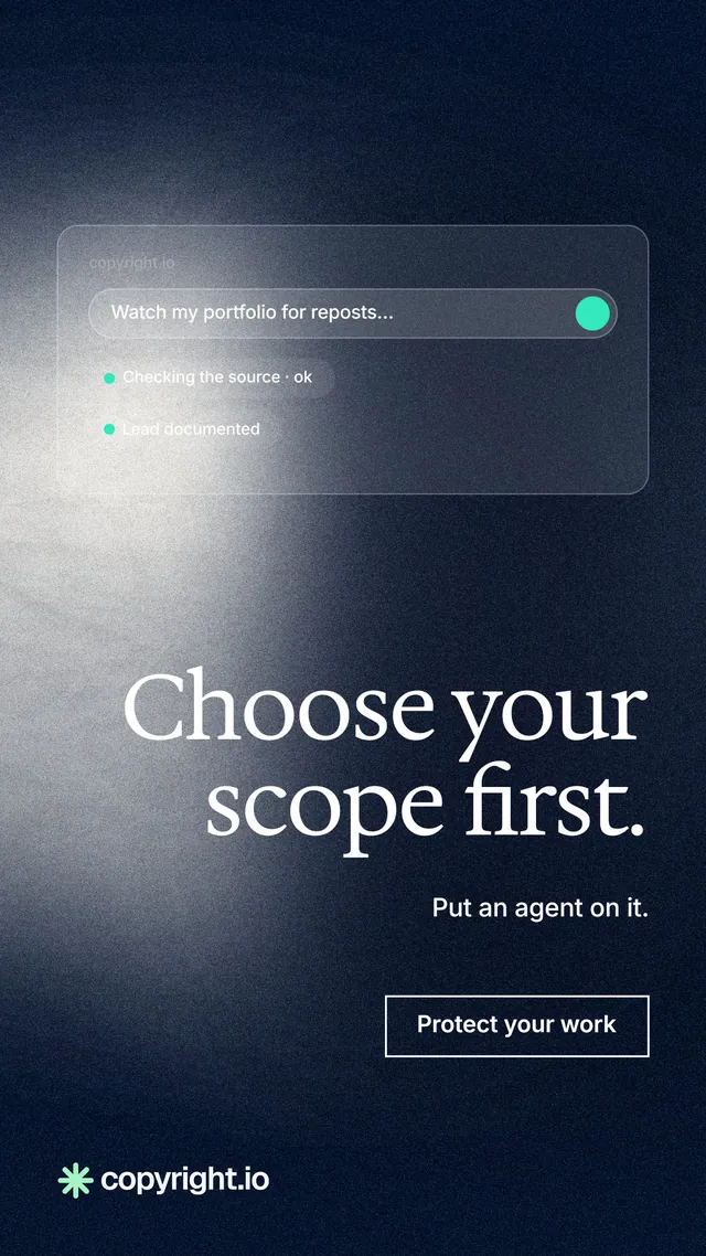 Instagram story for copyright.io: "Choose your scope first." Cyanotype style, right layout, dark palette in black, grey, blue.