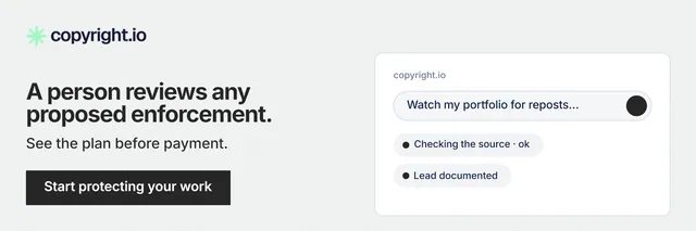 X header for copyright.io: "A person reviews any proposed enforcement." Swiss style, bottom layout, light palette in white, grey.