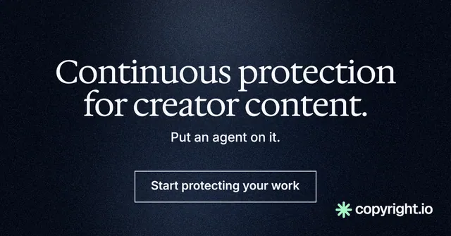 Social ad for copyright.io: "Continuous protection for creator content." Dark deco style, centred layout, dark palette in blue, black, grey.
