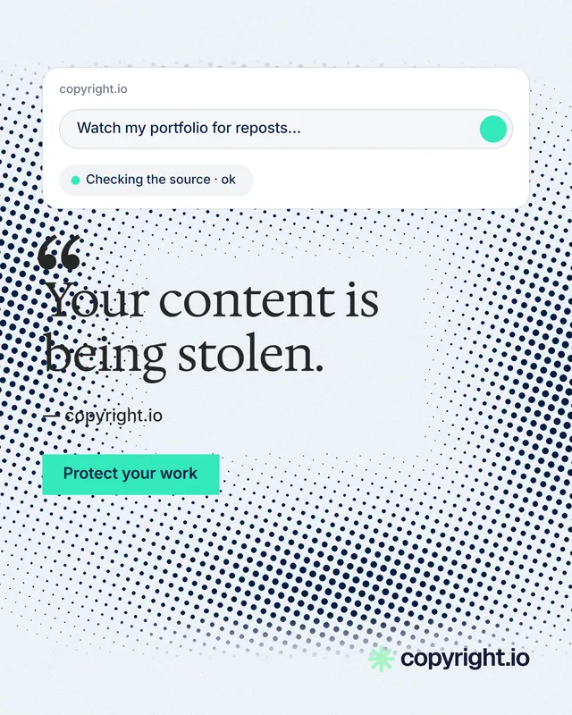 Instagram portrait post for copyright.io: "Your content is being stolen." Swiss style, quote layout, light palette in white, grey, blue.