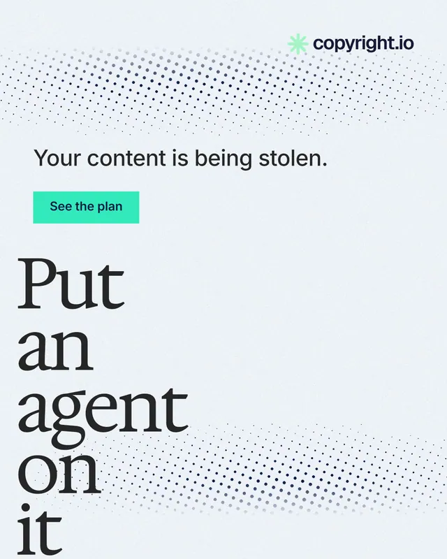 Instagram portrait post for copyright.io: "Put an agent on it." Swiss style, oversized layout, light palette in white, grey.