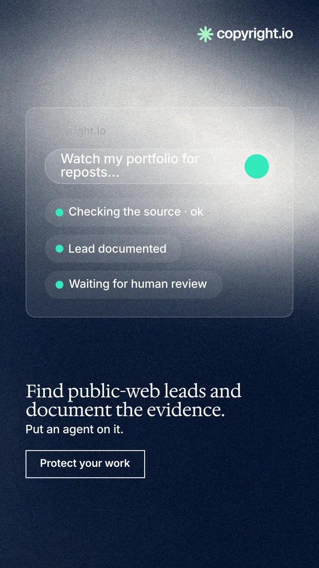 Instagram story for copyright.io: "Find public-web leads and document the evidence." Cyanotype style, bottom layout, dark palette in black, grey, blue.