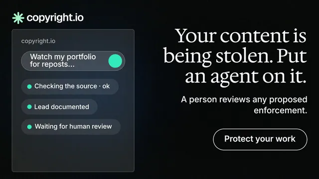 Landscape graphic for copyright.io: "Your content is being stolen. Put an agent on it." Phosphor atlas style, right layout, dark palette in black, grey.