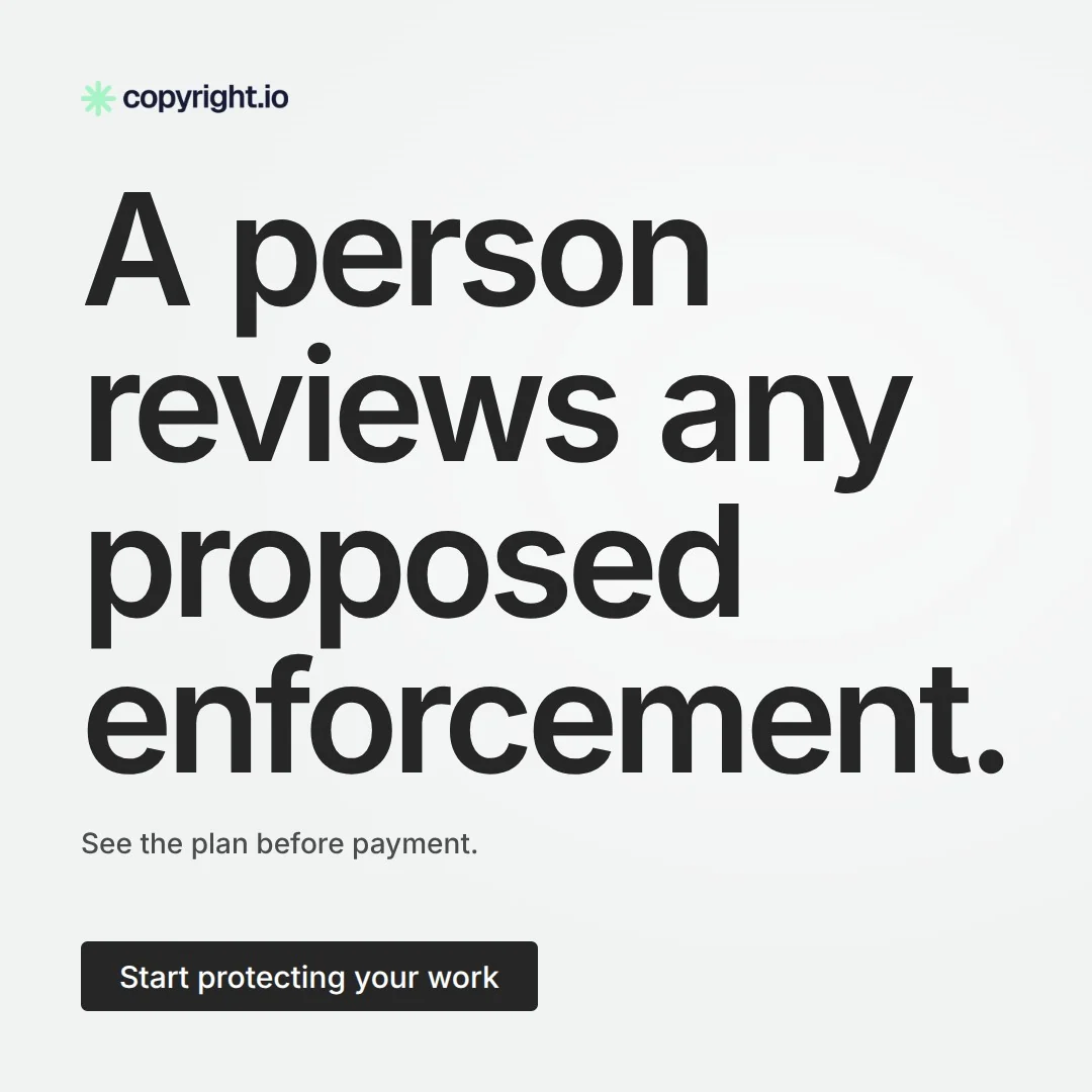 Video for copyright.io: "A person reviews any proposed enforcement.". Doc motion loop, 6.0 s, light palette.