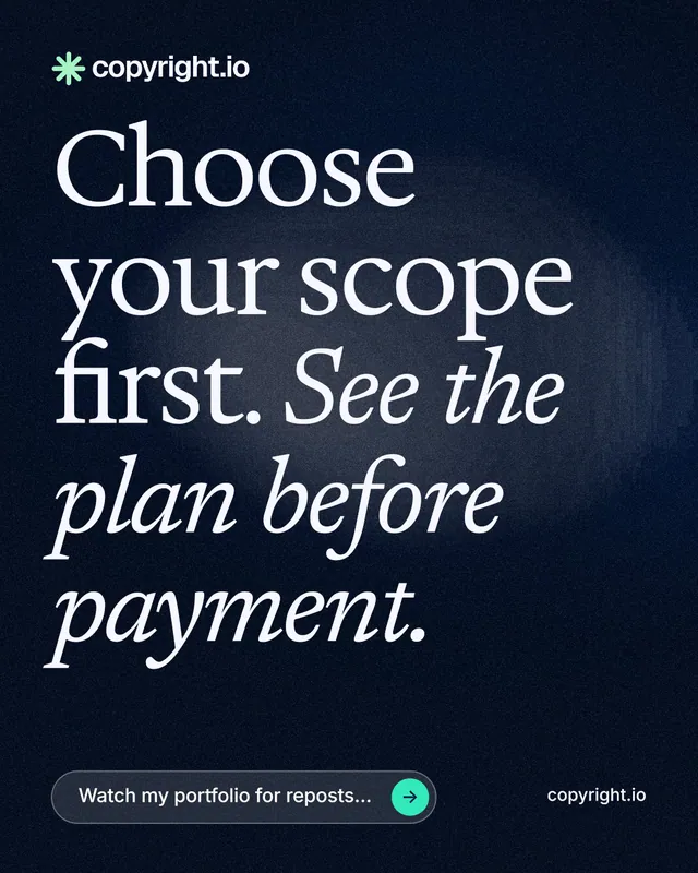 Instagram portrait post for copyright.io: "Choose your scope first. See the plan before payment." Thermal style, poster layout, dark palette in blue, black, grey.