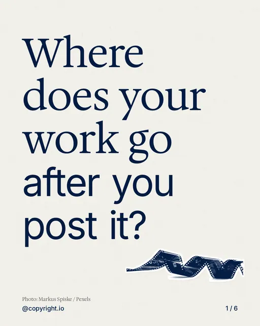 Carousel for copyright.io: "Where does your work go after you post it?". Cutout essay, 6 slides, light palette.