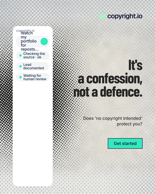 Instagram portrait post for copyright.io: "It's a confession, not a defence." Ink sticker style, right layout, light palette in white, grey.