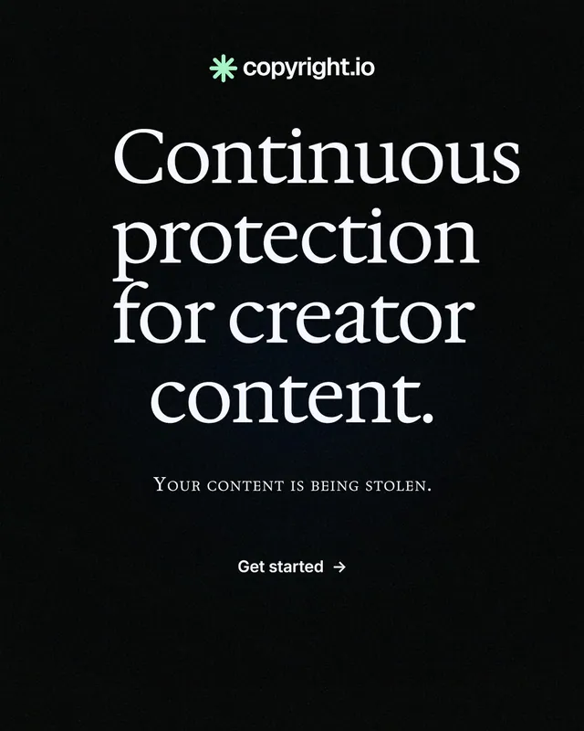 Instagram portrait post for copyright.io: "Continuous protection for creator content." Phosphor atlas style, smallcaps layout, dark palette in black.