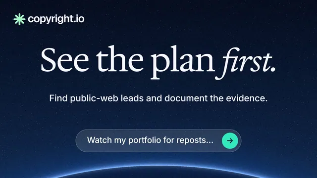 Landscape graphic for copyright.io: "See the plan first." Agentic glass style, centred layout, dark palette in black, blue.